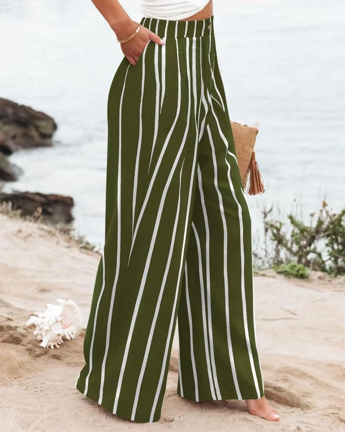 Womens Linen Pants Lounge Baggy Flowy Beach Pants Elastic High Waisted Pleated Wide Leg Trousers with Pockets