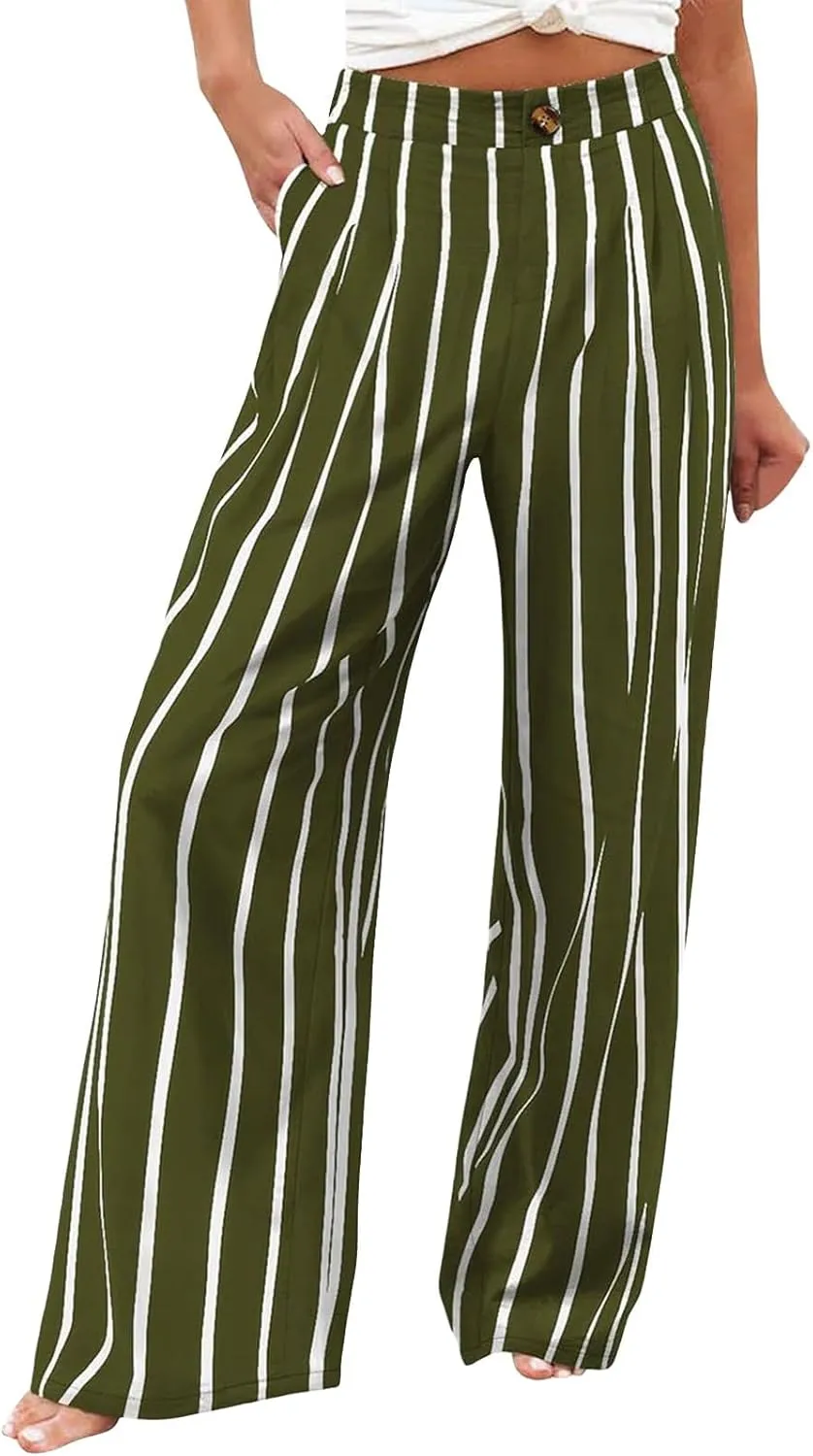 Womens Linen Pants Lounge Baggy Flowy Beach Pants Elastic High Waisted Pleated Wide Leg Trousers with Pockets