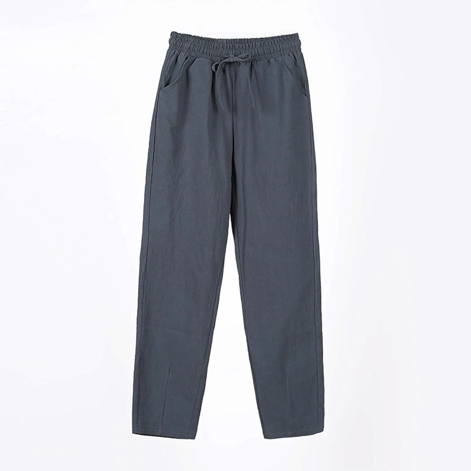 Womens Linen Pants Straight Leg Elastic Drawstring Casual Loose Trousers Summer Beach Lounge Pants with Pockets
