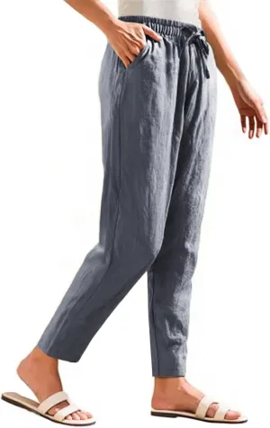 Womens Linen Pants Straight Leg Elastic Drawstring Casual Loose Trousers Summer Beach Lounge Pants with Pockets