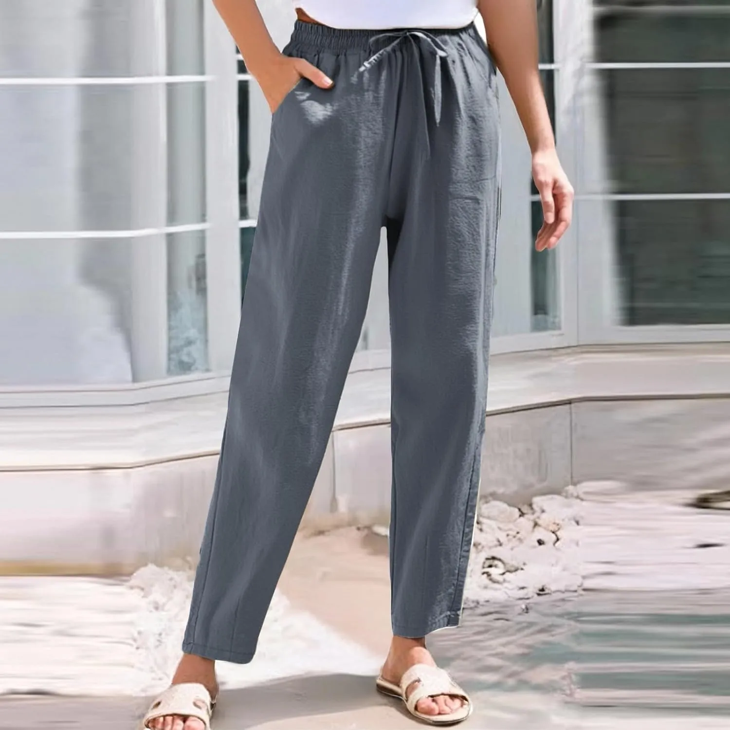 Womens Linen Pants Straight Leg Elastic Drawstring Casual Loose Trousers Summer Beach Lounge Pants with Pockets
