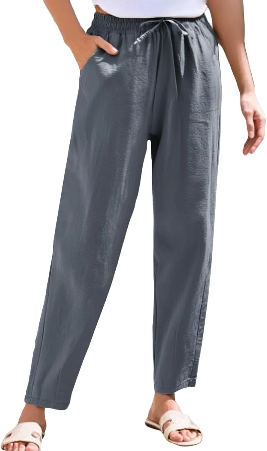 Womens Linen Pants Straight Leg Elastic Drawstring Casual Loose Trousers Summer Beach Lounge Pants with Pockets
