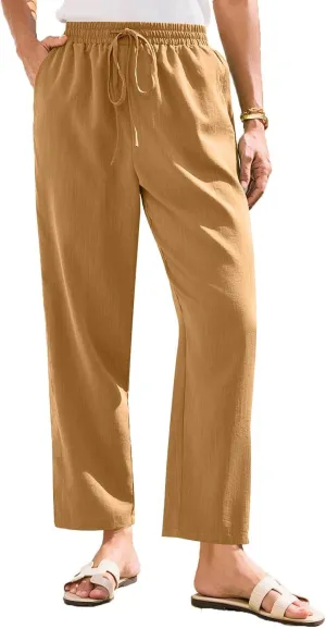 Womens Linen Pants Straight Leg Elastic Drawstring Lightweight Trousers Summer Beach Lounge Pants with Pockets