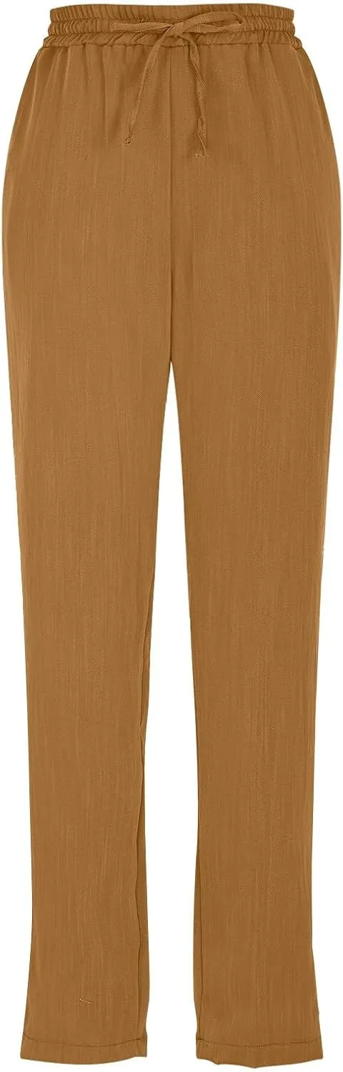 Womens Linen Pants Straight Leg Elastic Drawstring Lightweight Trousers Summer Beach Lounge Pants with Pockets