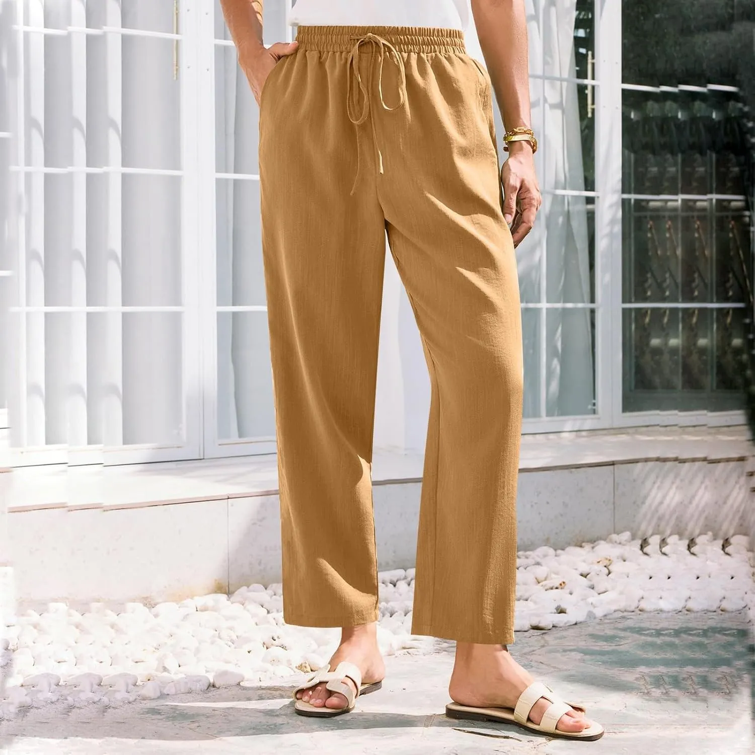 Womens Linen Pants Straight Leg Elastic Drawstring Lightweight Trousers Summer Beach Lounge Pants with Pockets