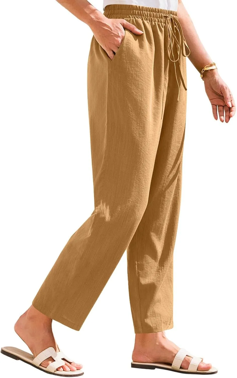 Womens Linen Pants Straight Leg Elastic Drawstring Lightweight Trousers Summer Beach Lounge Pants with Pockets