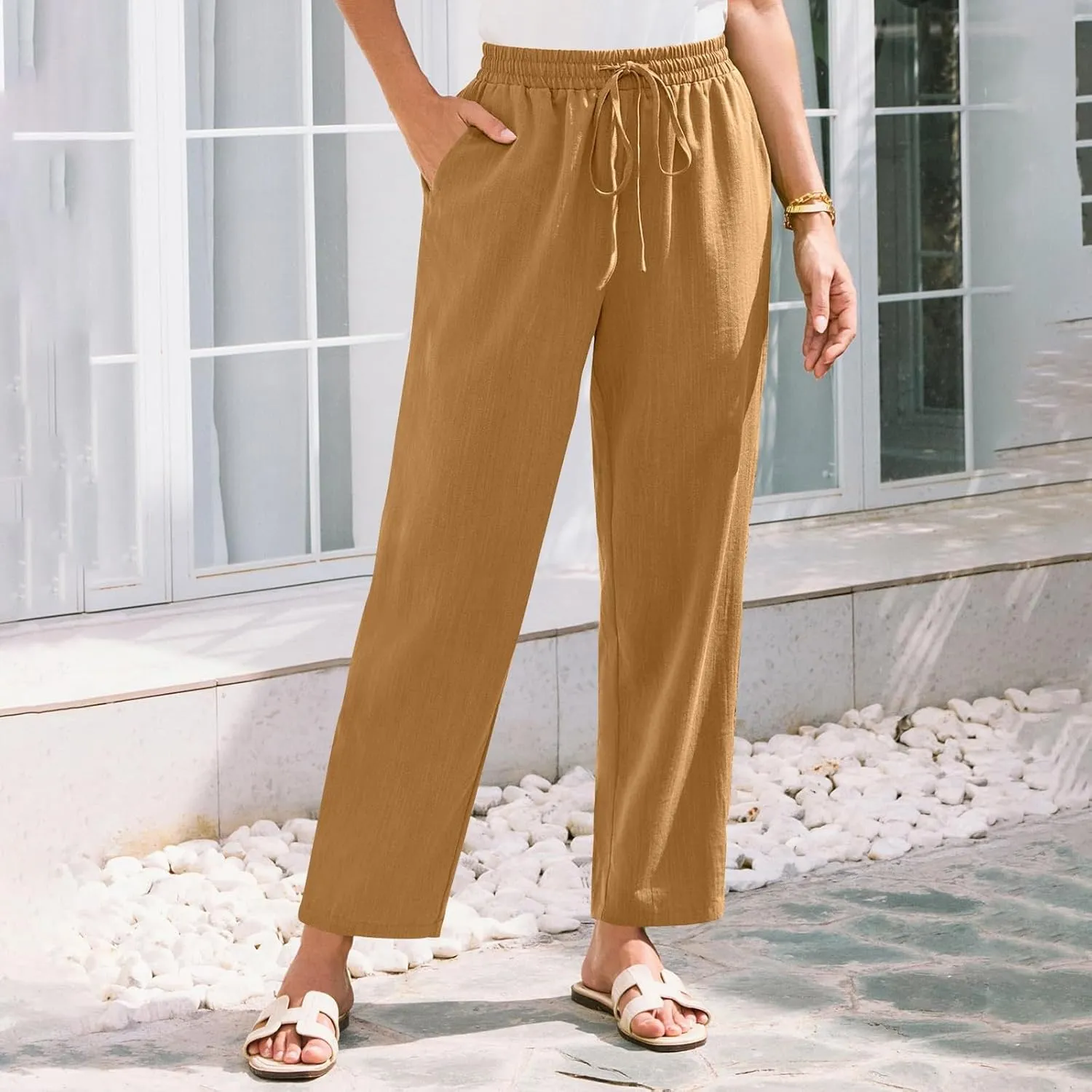 Womens Linen Pants Straight Leg Elastic Drawstring Lightweight Trousers Summer Beach Lounge Pants with Pockets