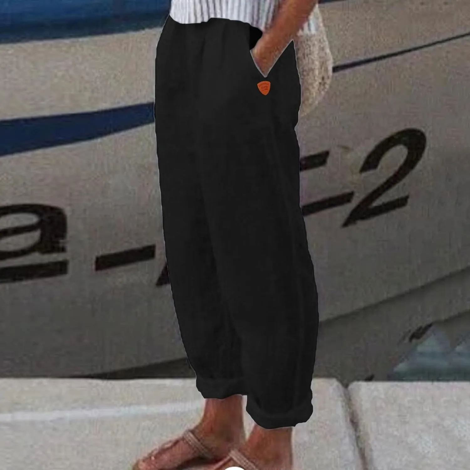 Women's Linen Summer Floral Pant Trousers Elastic Waist Wide Leg Slim-Fit Palazzo Pants Work Business