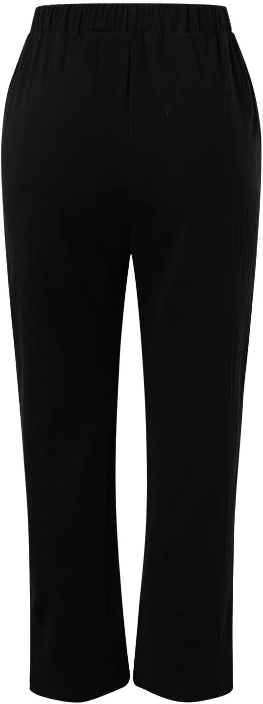Women's Linen Summer Floral Pant Trousers Elastic Waist Wide Leg Slim-Fit Palazzo Pants Work Business