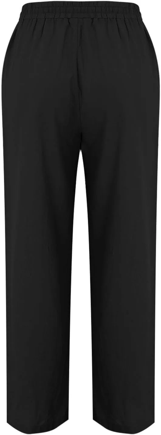 Womens Linen Wide Leg Pants Pull On Drawstring Comfy Casual Beach Palazzo Harem Summer Trousers with Pockets