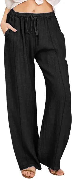 Womens Linen Wide Leg Pants Pull On Drawstring Comfy Casual Beach Palazzo Harem Summer Trousers with Pockets