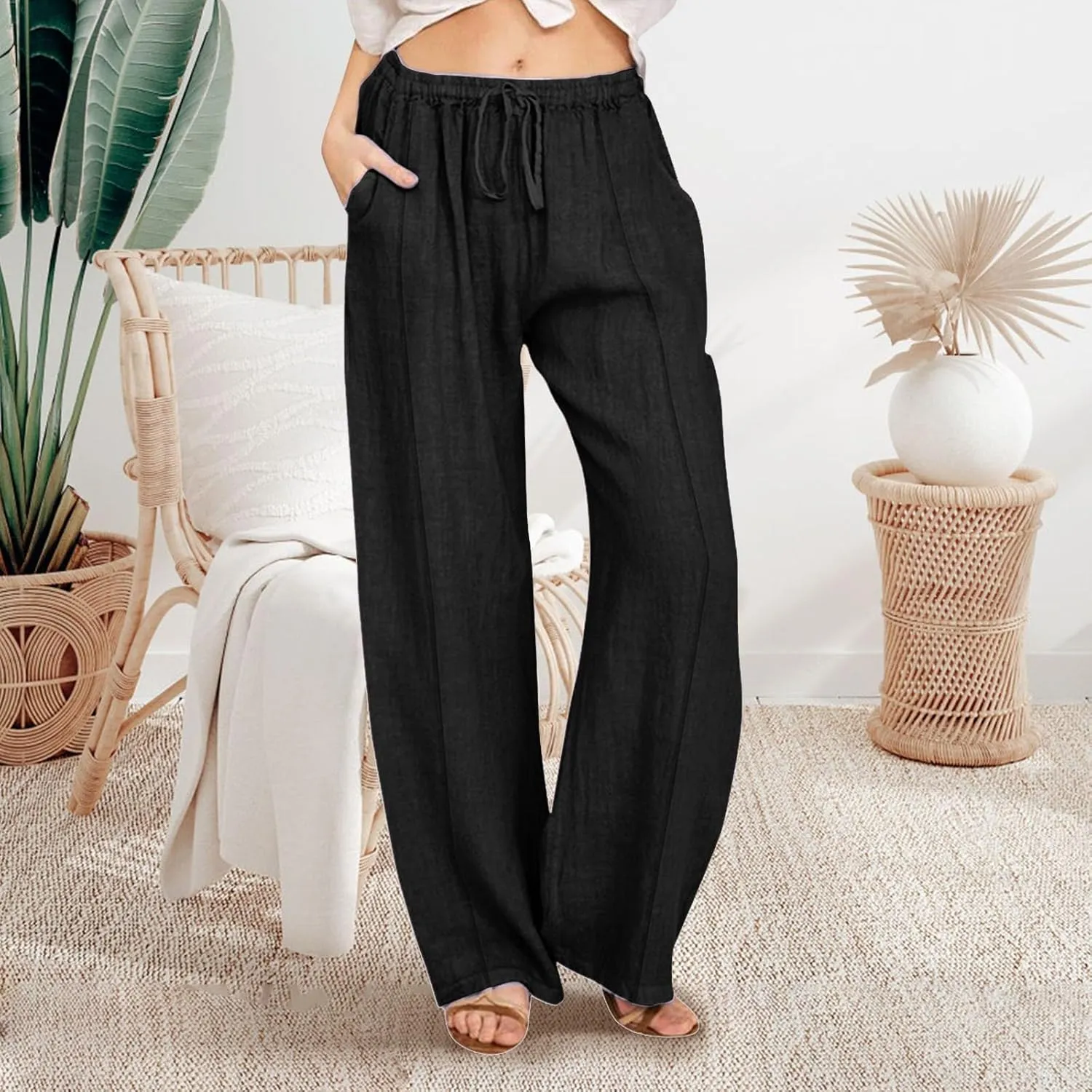 Womens Linen Wide Leg Pants Pull On Drawstring Comfy Casual Beach Palazzo Harem Summer Trousers with Pockets