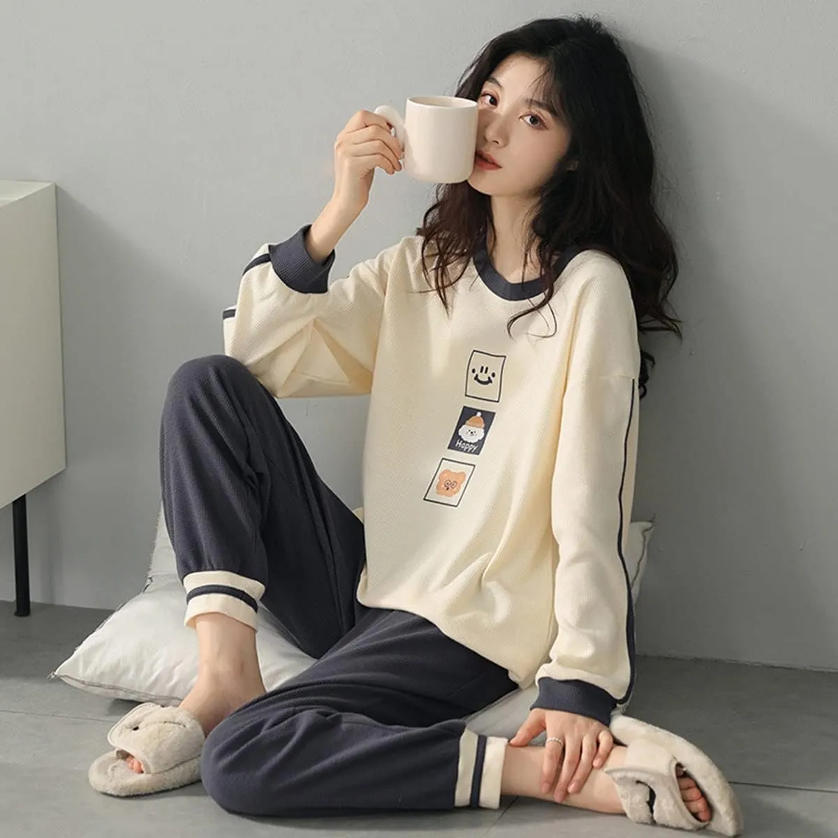 Womens Pajamas Set Long Sleeve Sleepwear Tops with Pajama Pants Round Neck Loungewear Set Pjs Sets (Color : Beige, Size : XX-Large)