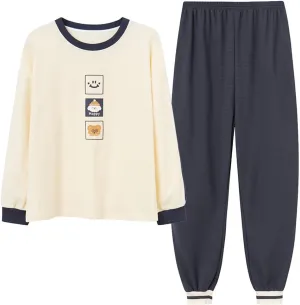 Womens Pajamas Set Long Sleeve Sleepwear Tops with Pajama Pants Round Neck Loungewear Set Pjs Sets (Color : Beige, Size : XX-Large)
