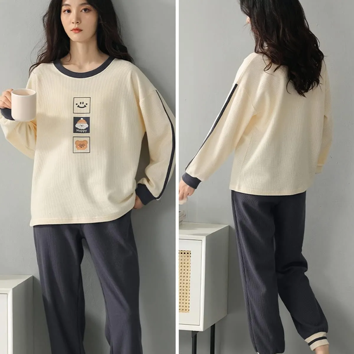 Womens Pajamas Set Long Sleeve Sleepwear Tops with Pajama Pants Round Neck Loungewear Set Pjs Sets (Color : Beige, Size : XX-Large)