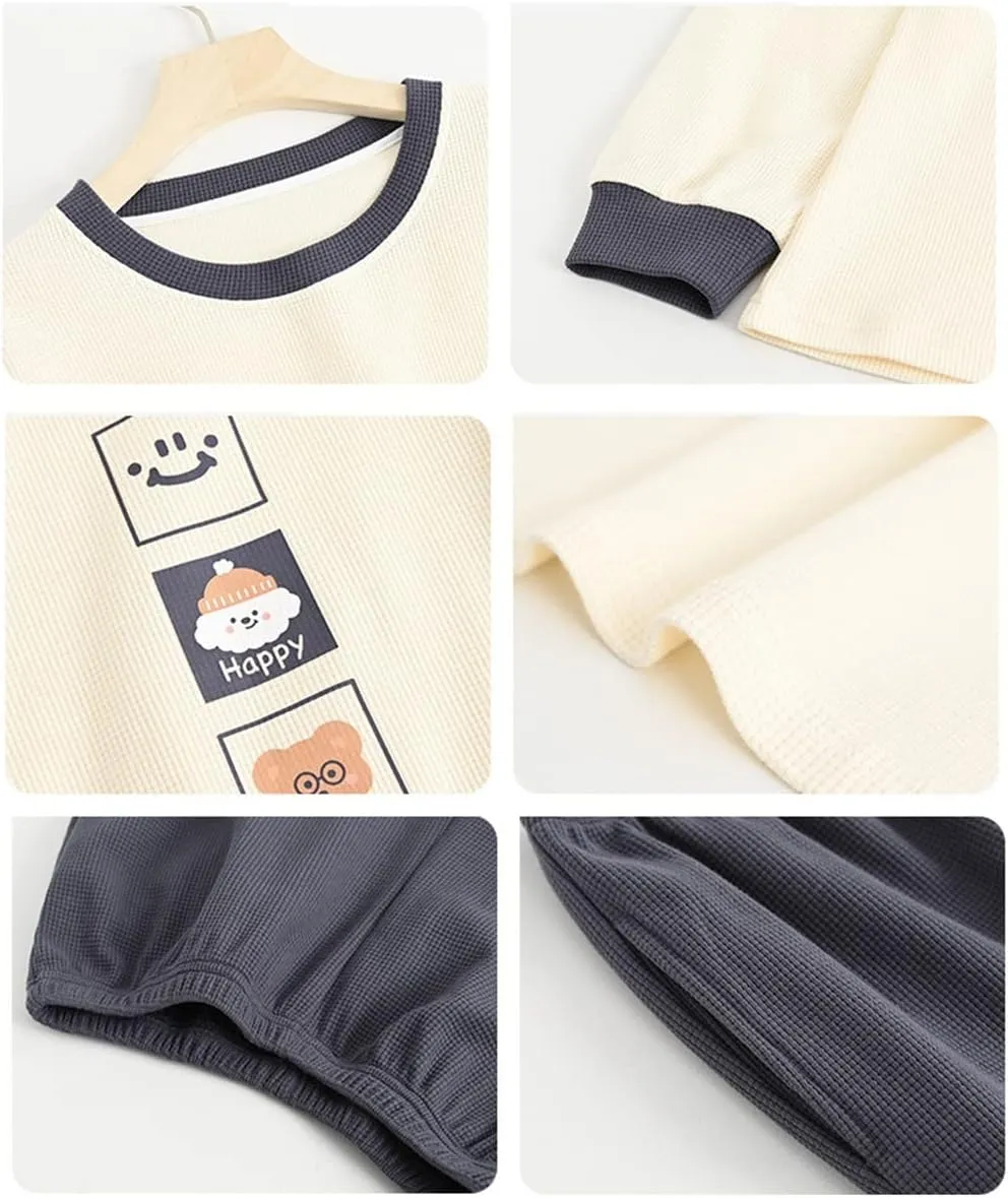 Womens Pajamas Set Long Sleeve Sleepwear Tops with Pajama Pants Round Neck Loungewear Set Pjs Sets (Color : Beige, Size : XX-Large)