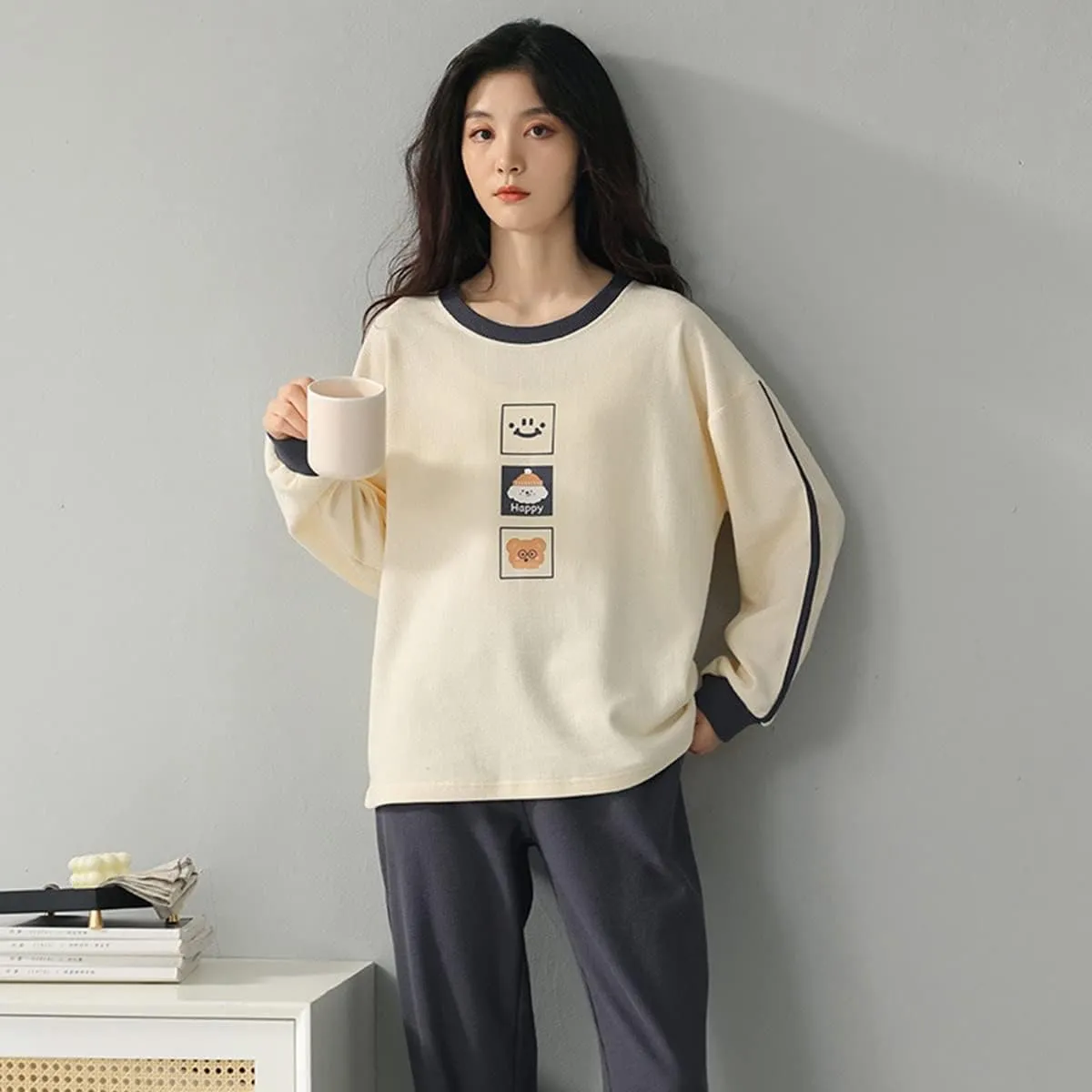 Womens Pajamas Set Long Sleeve Sleepwear Tops with Pajama Pants Round Neck Loungewear Set Pjs Sets (Color : Beige, Size : XX-Large)