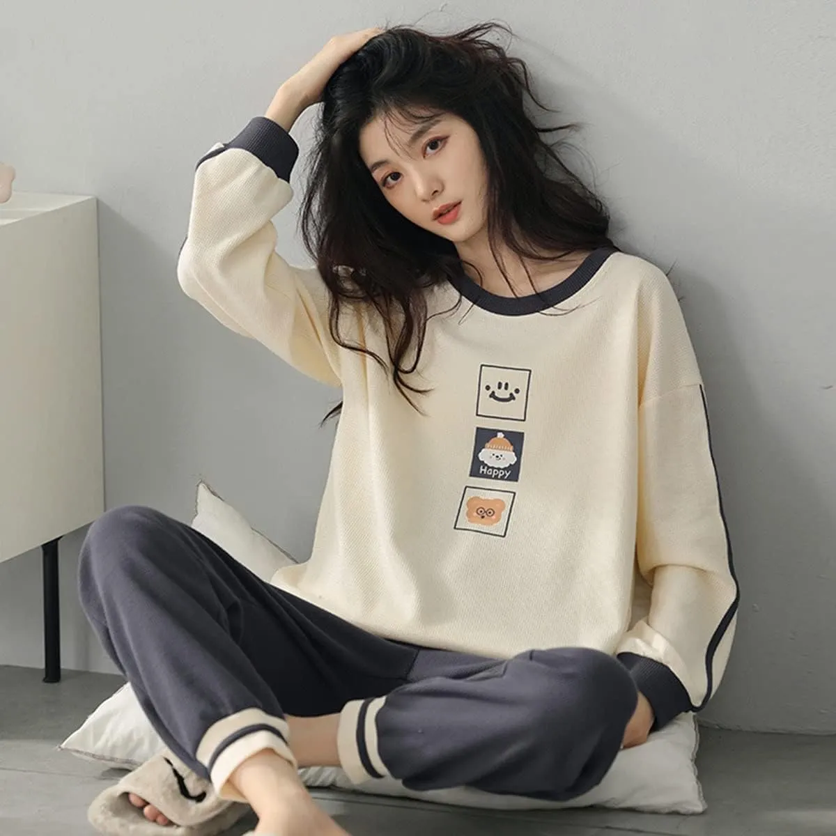 Womens Pajamas Set Long Sleeve Sleepwear Tops with Pajama Pants Round Neck Loungewear Set Pjs Sets (Color : Beige, Size : XX-Large)