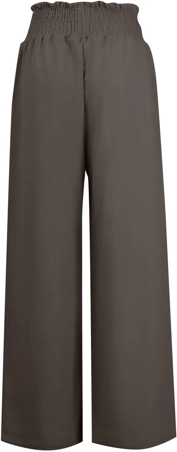 Women's Palazzo Pants Loose Casual Vacation High Waist Lace-Up Wide Leg Trousers Comfy Linen Pants with Pockets