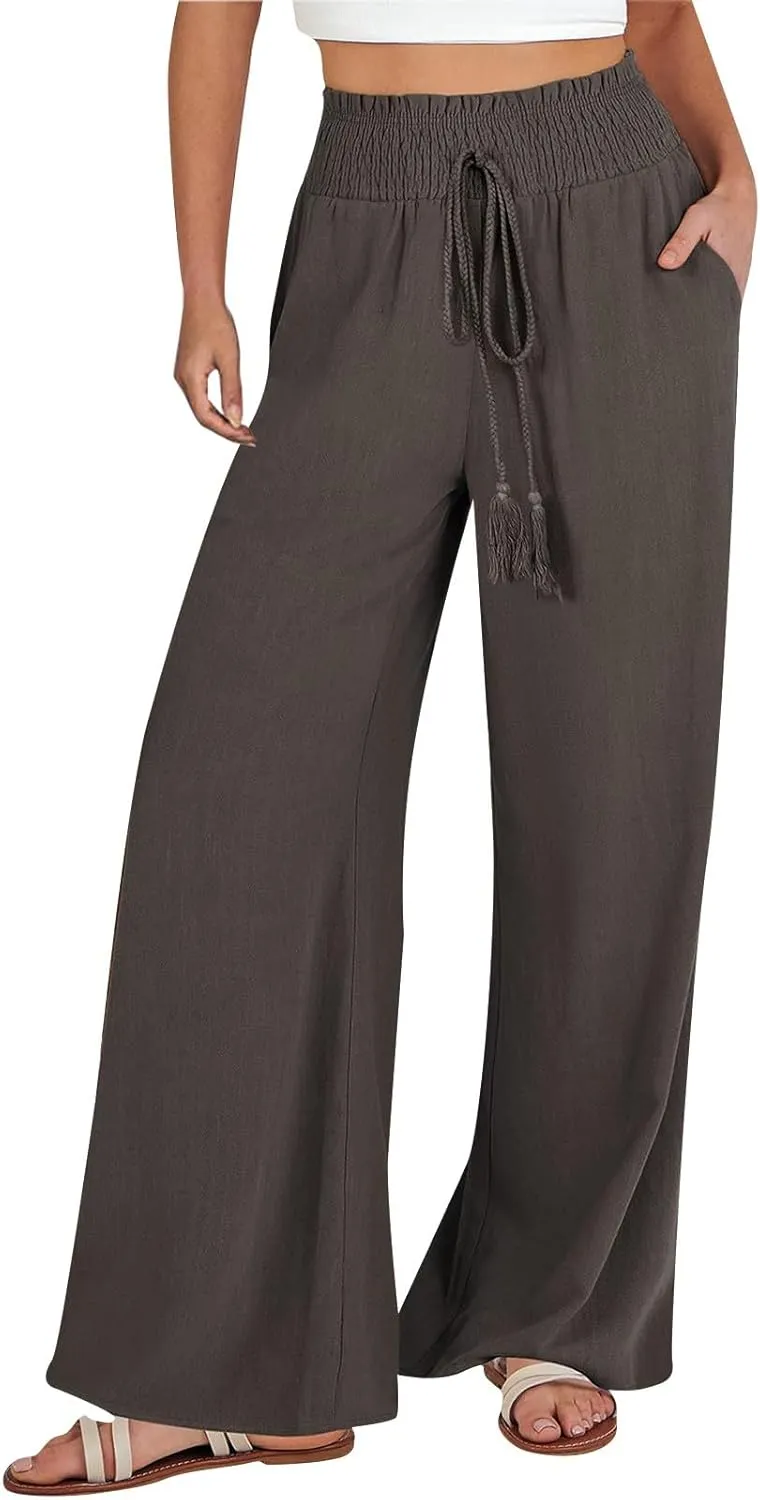 Women's Palazzo Pants Loose Casual Vacation High Waist Lace-Up Wide Leg Trousers Comfy Linen Pants with Pockets