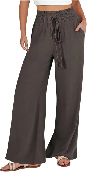 Women's Palazzo Pants Loose Casual Vacation High Waist Lace-Up Wide Leg Trousers Comfy Linen Pants with Pockets