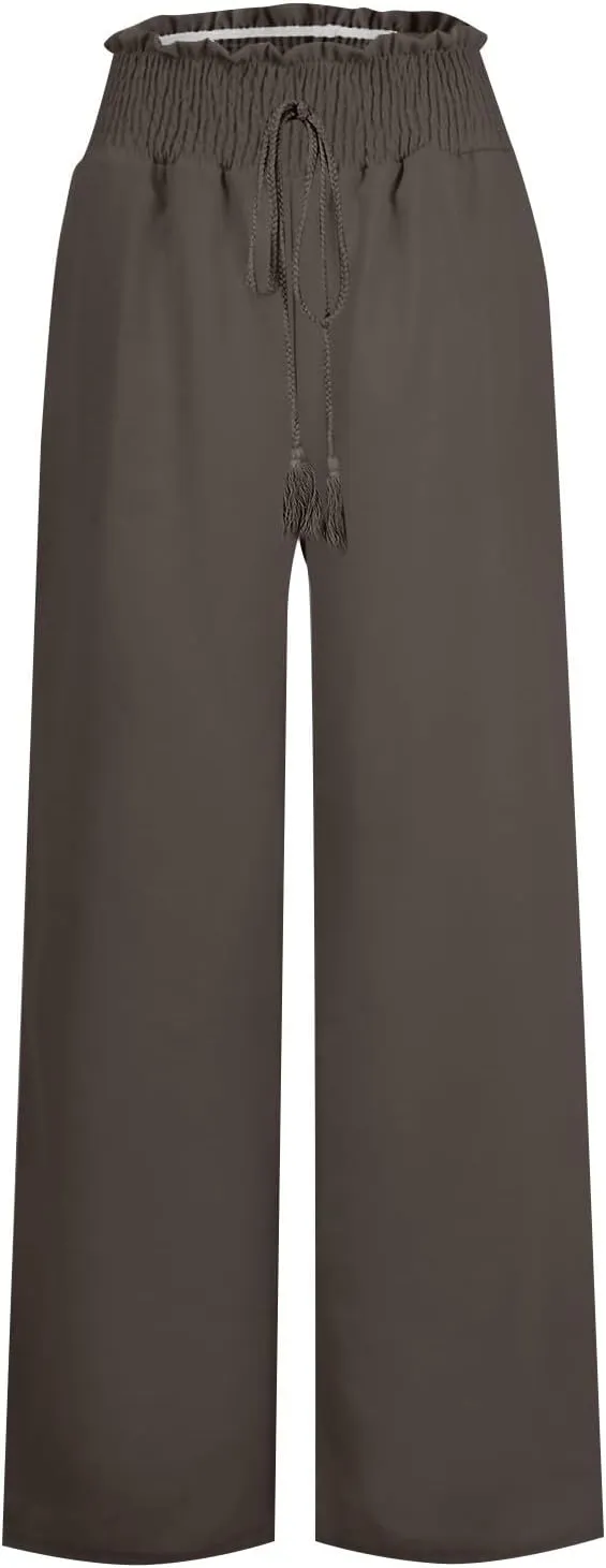 Women's Palazzo Pants Loose Casual Vacation High Waist Lace-Up Wide Leg Trousers Comfy Linen Pants with Pockets