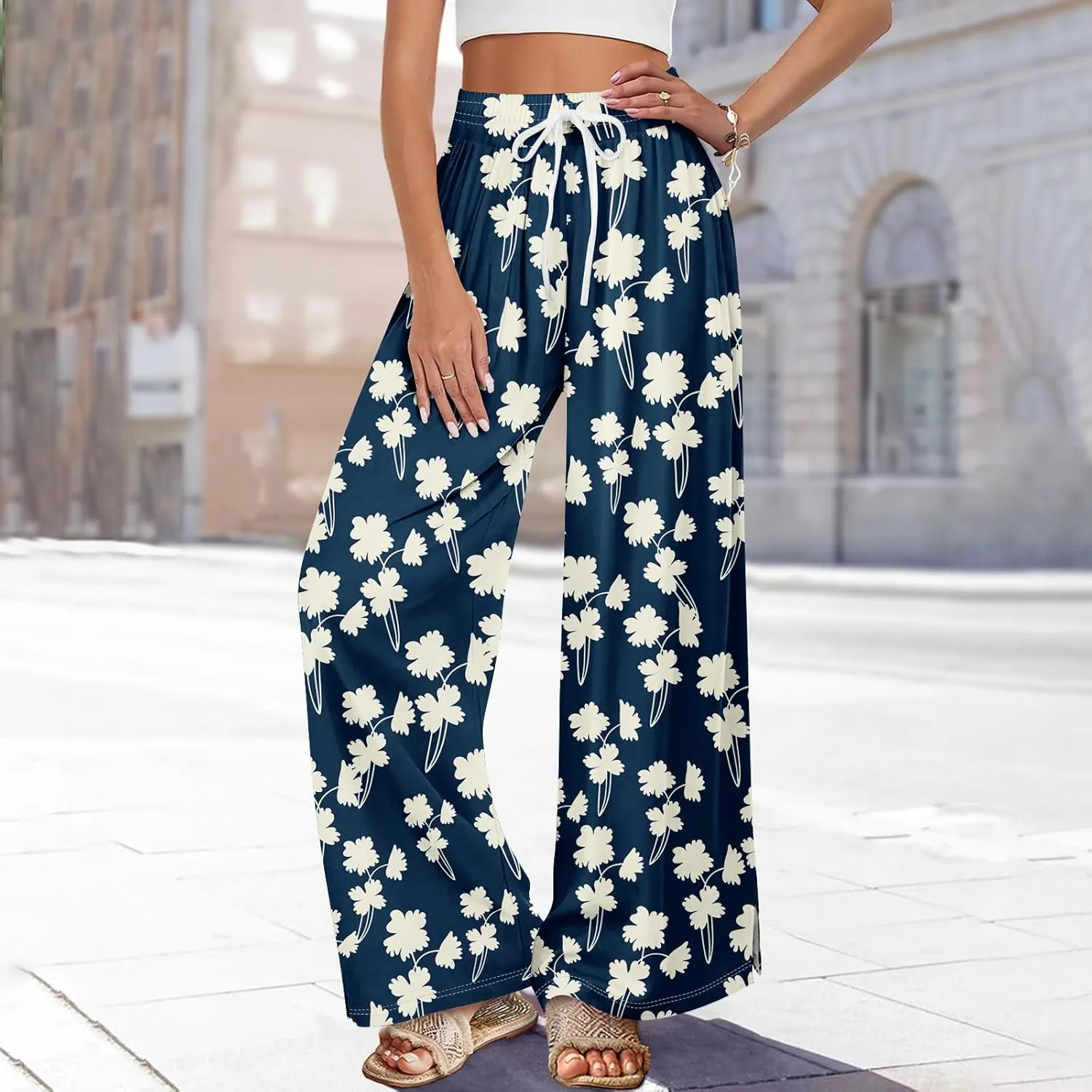 Women's Palazzo Pants Wide Leg Loose Floral Lounge Pants Boho Beach Drawstring Slacks with Pockets