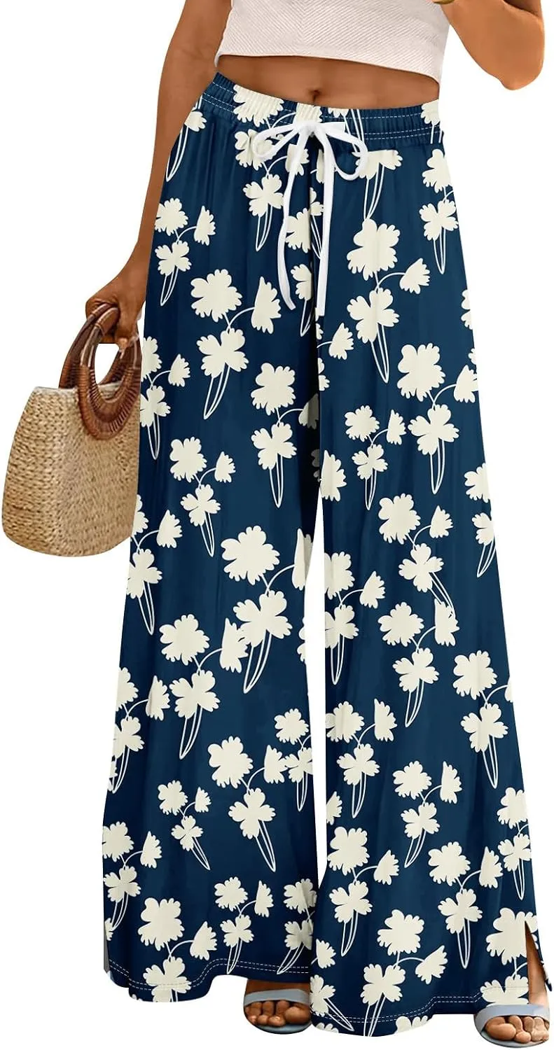 Women's Palazzo Pants Wide Leg Loose Floral Lounge Pants Boho Beach Drawstring Slacks with Pockets