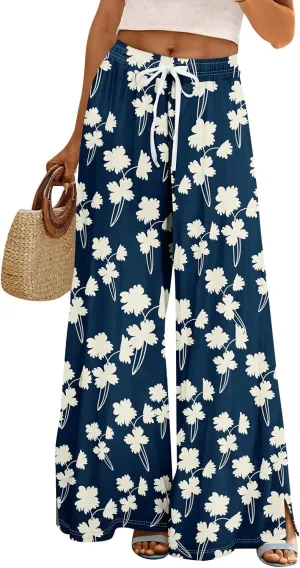 Women's Palazzo Pants Wide Leg Loose Floral Lounge Pants Boho Beach Drawstring Slacks with Pockets