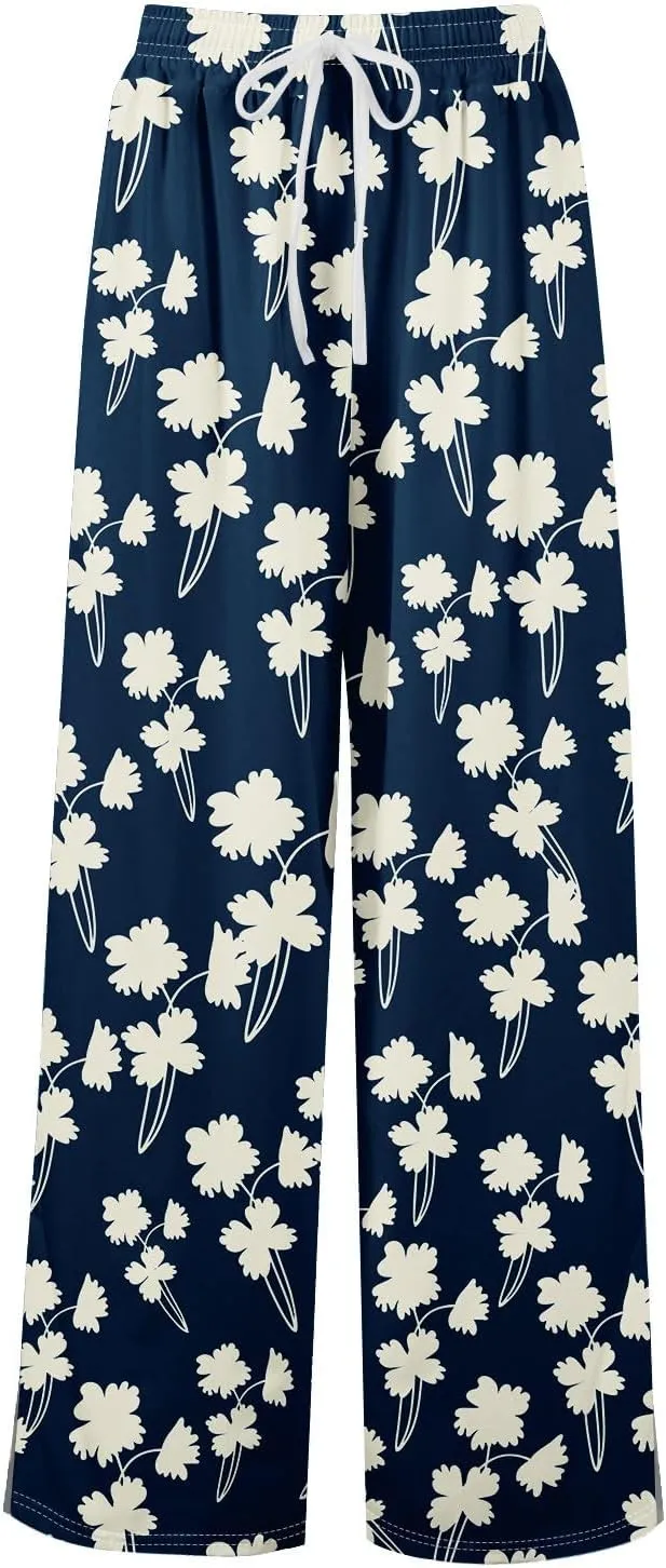 Women's Palazzo Pants Wide Leg Loose Floral Lounge Pants Boho Beach Drawstring Slacks with Pockets