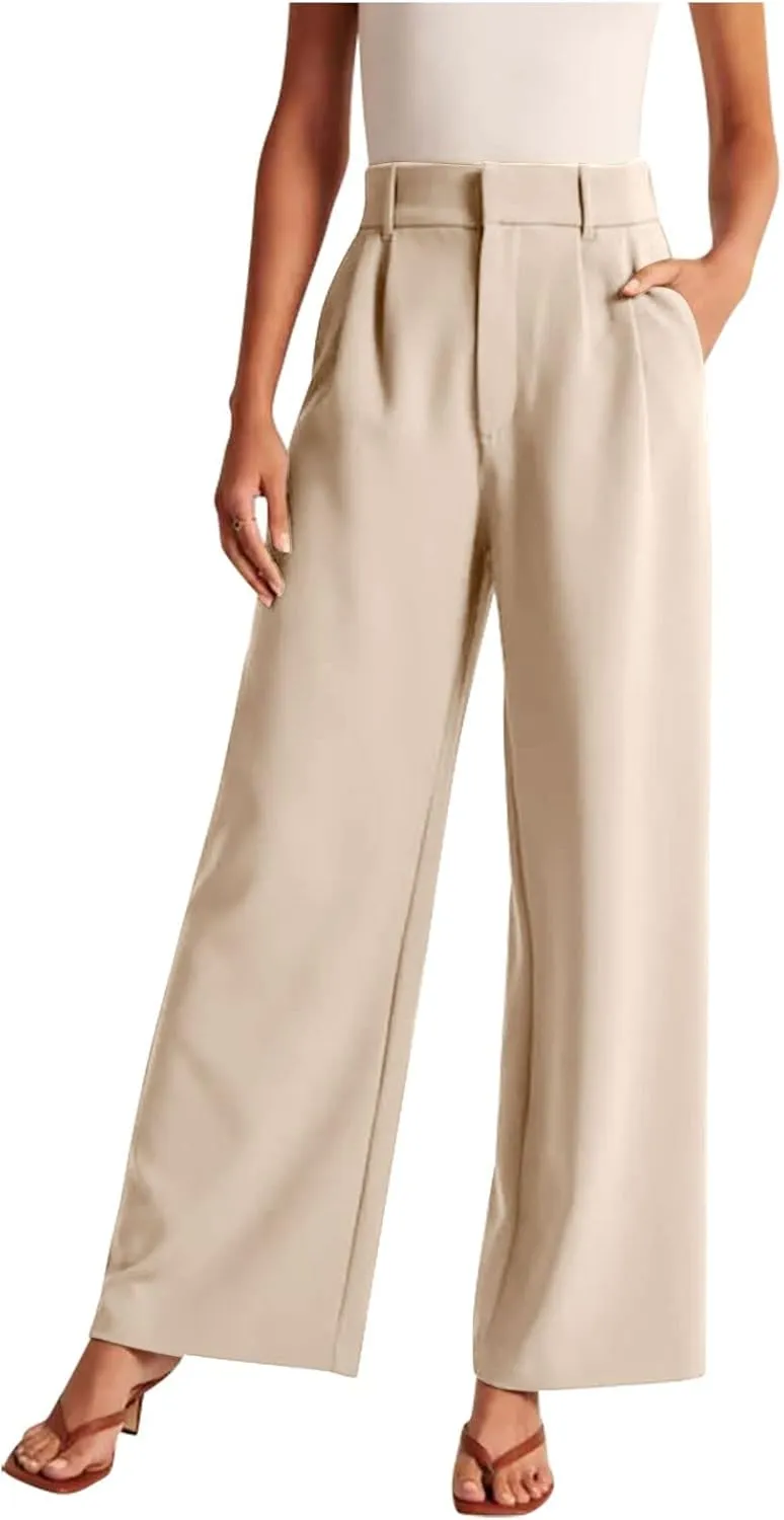 Women's Pants Casual High Waist Trousers Fashion Wide Leg Solid Flared Pants Stretchy Work Pants with Pockets