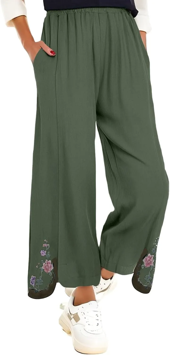 Womens Pants Embroidery Decoration Cotton and Linen Elastic Waist Pants Solid Summer Loose Cropped Wide Leg Trousers