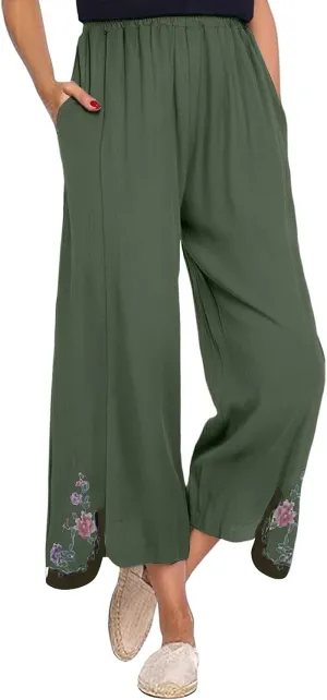 Womens Pants Embroidery Decoration Cotton and Linen Elastic Waist Pants Solid Summer Loose Cropped Wide Leg Trousers