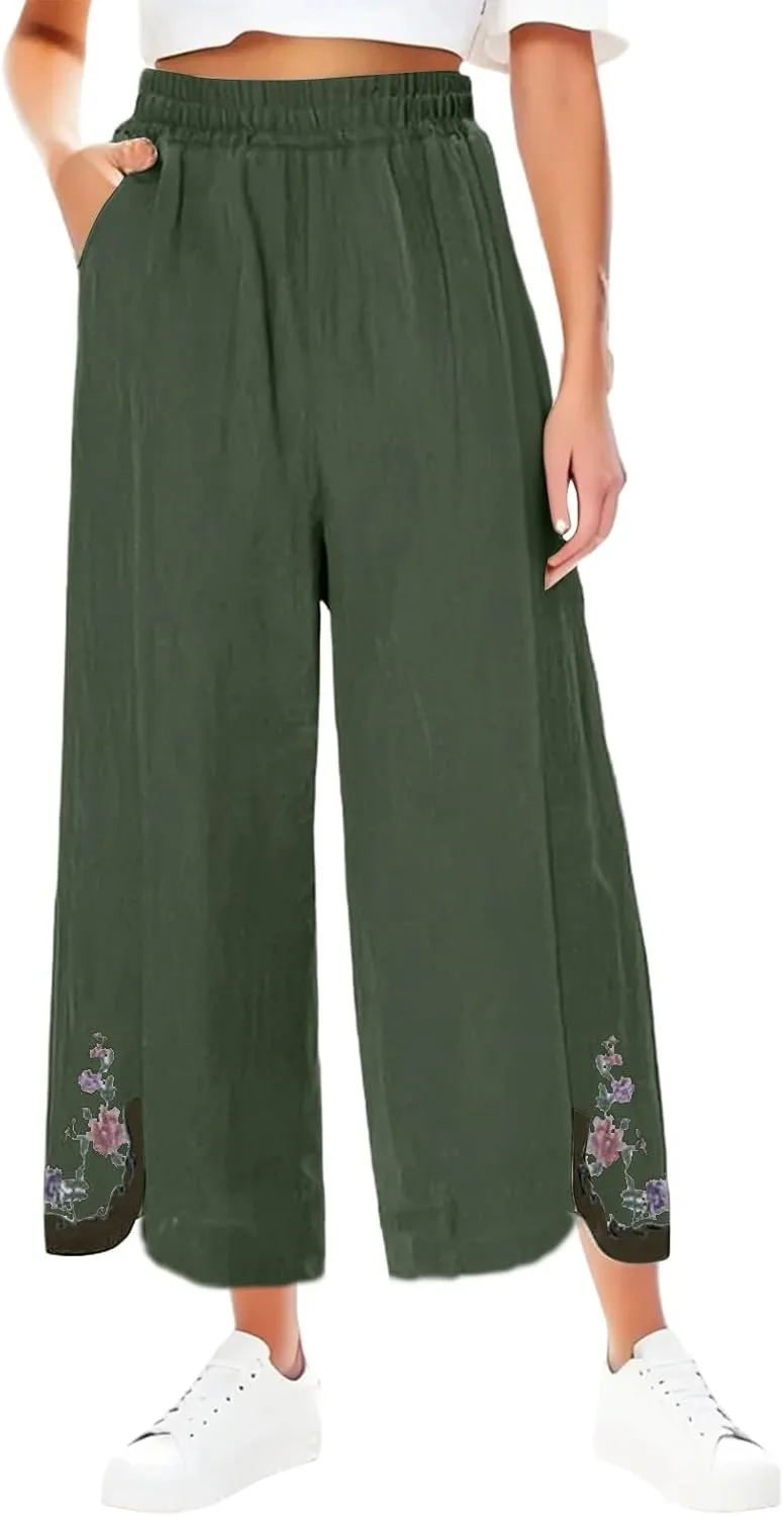 Womens Pants Embroidery Decoration Cotton and Linen Elastic Waist Pants Solid Summer Loose Cropped Wide Leg Trousers