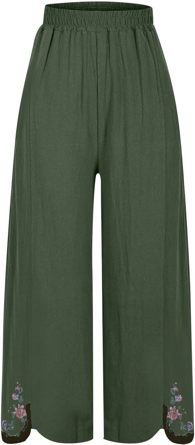 Womens Pants Embroidery Decoration Cotton and Linen Elastic Waist Pants Solid Summer Loose Cropped Wide Leg Trousers