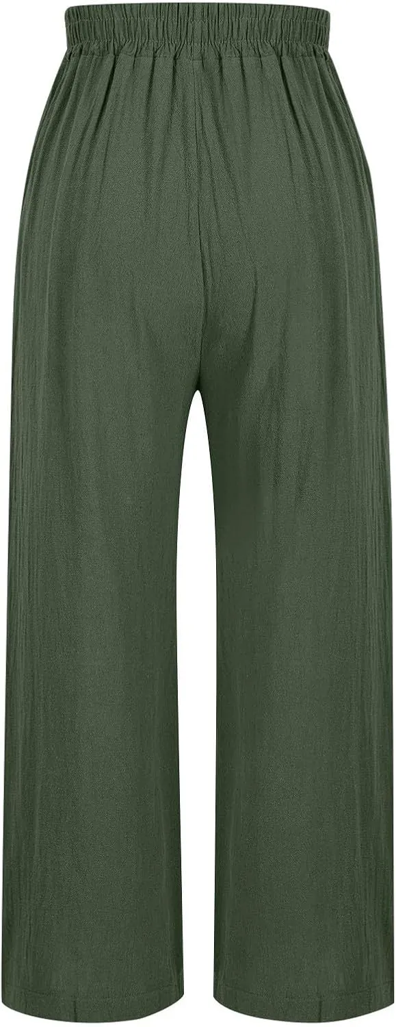 Womens Pants Embroidery Decoration Cotton and Linen Elastic Waist Pants Solid Summer Loose Cropped Wide Leg Trousers
