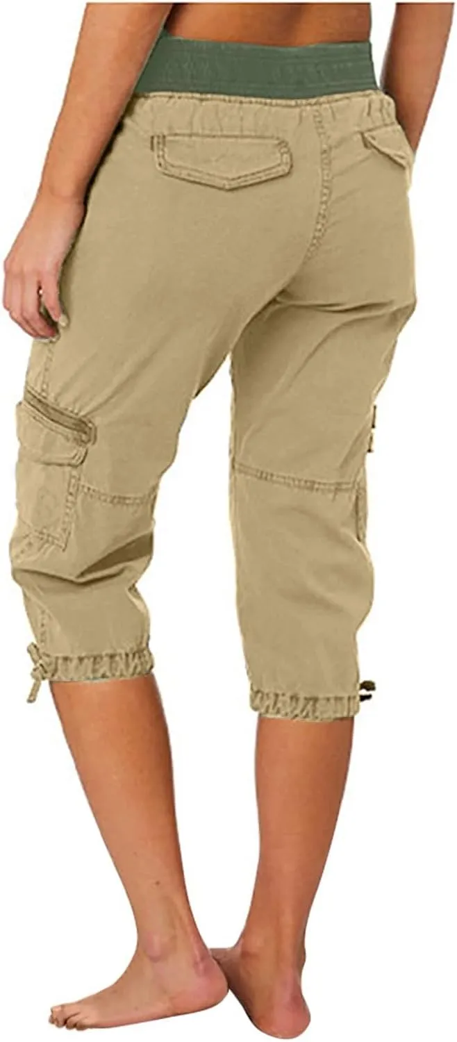 Women's Pants, High Waist Wide Leg Capri Pants with Pockets Workout Cropped
