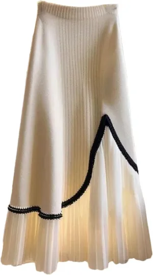 Women's Patchwork Knitting Pleated Skirt Elastic High Waist Midi A-Line Skirt Fashion Weekend Skirt for Party Prom