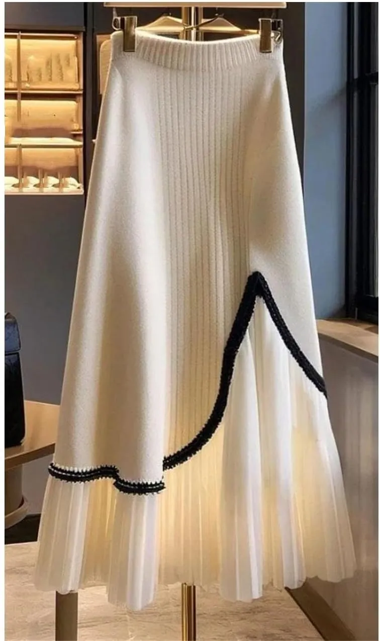 Women's Patchwork Knitting Pleated Skirt Elastic High Waist Midi A-Line Skirt Fashion Weekend Skirt for Party Prom