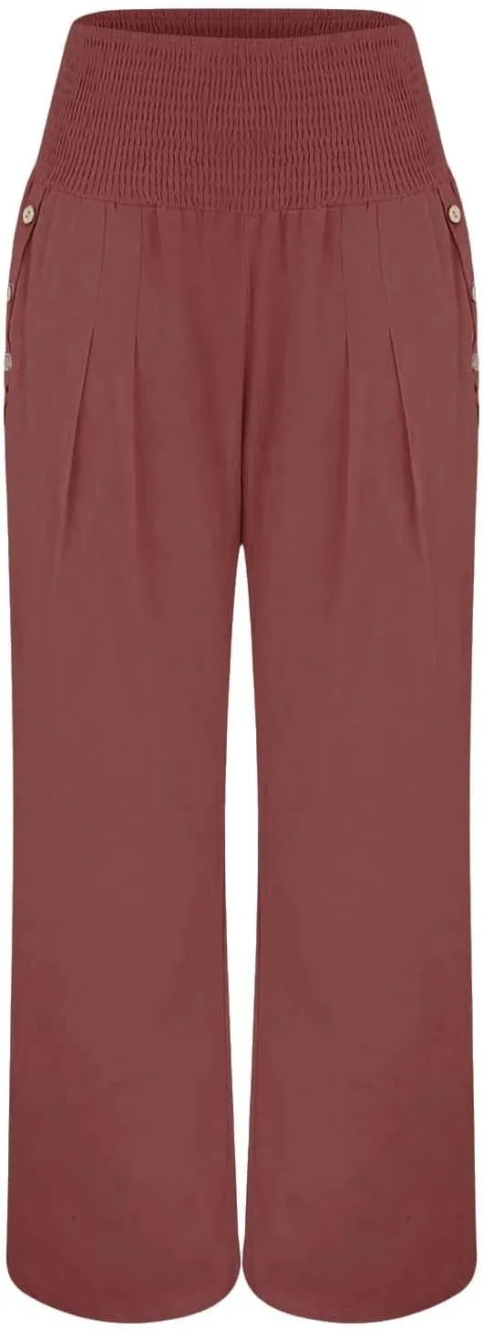 Womens Plaid Pants Women's Linen Summer Solid Color Palazzo Pants Flowy Wide Leg High Waist Comfy White Gauze
