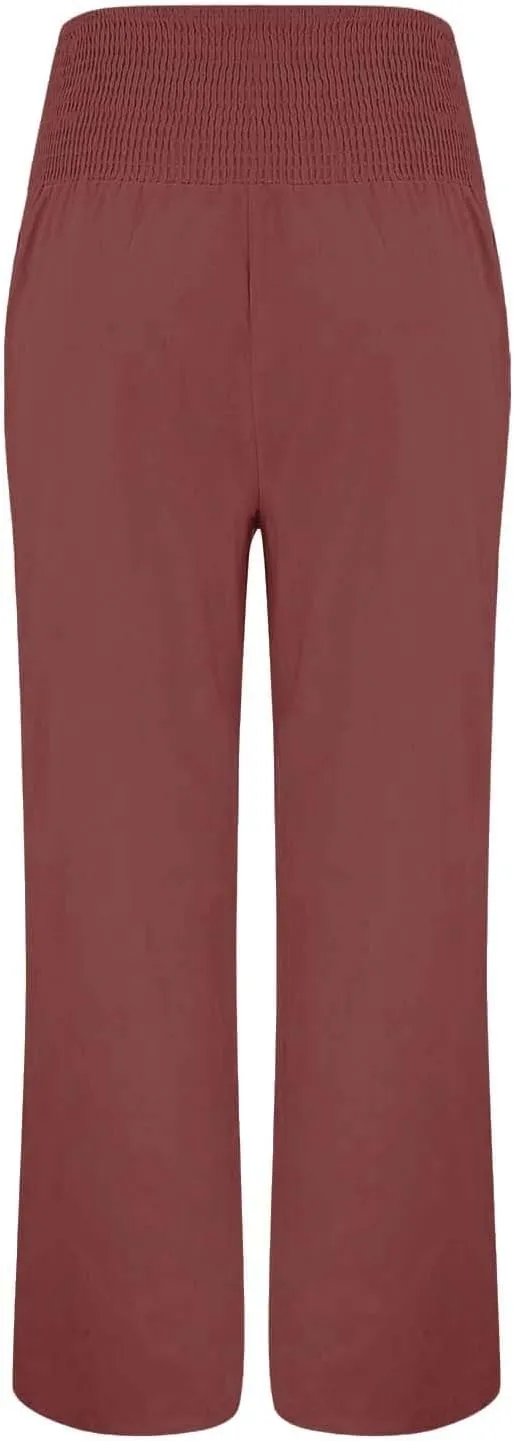 Womens Plaid Pants Women's Linen Summer Solid Color Palazzo Pants Flowy Wide Leg High Waist Comfy White Gauze