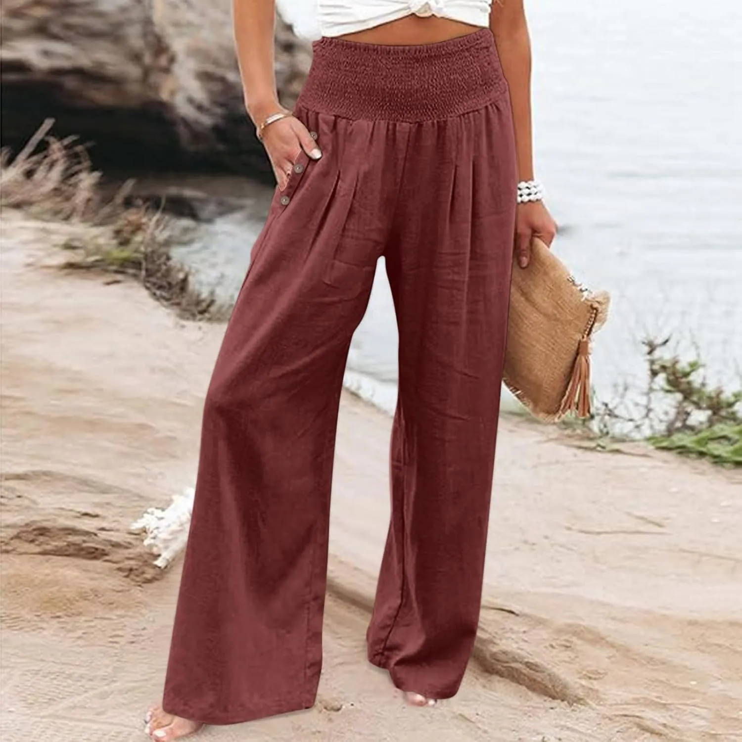 Womens Plaid Pants Women's Linen Summer Solid Color Palazzo Pants Flowy Wide Leg High Waist Comfy White Gauze