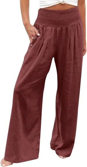 Womens Plaid Pants Women's Linen Summer Solid Color Palazzo Pants Flowy Wide Leg High Waist Comfy White Gauze