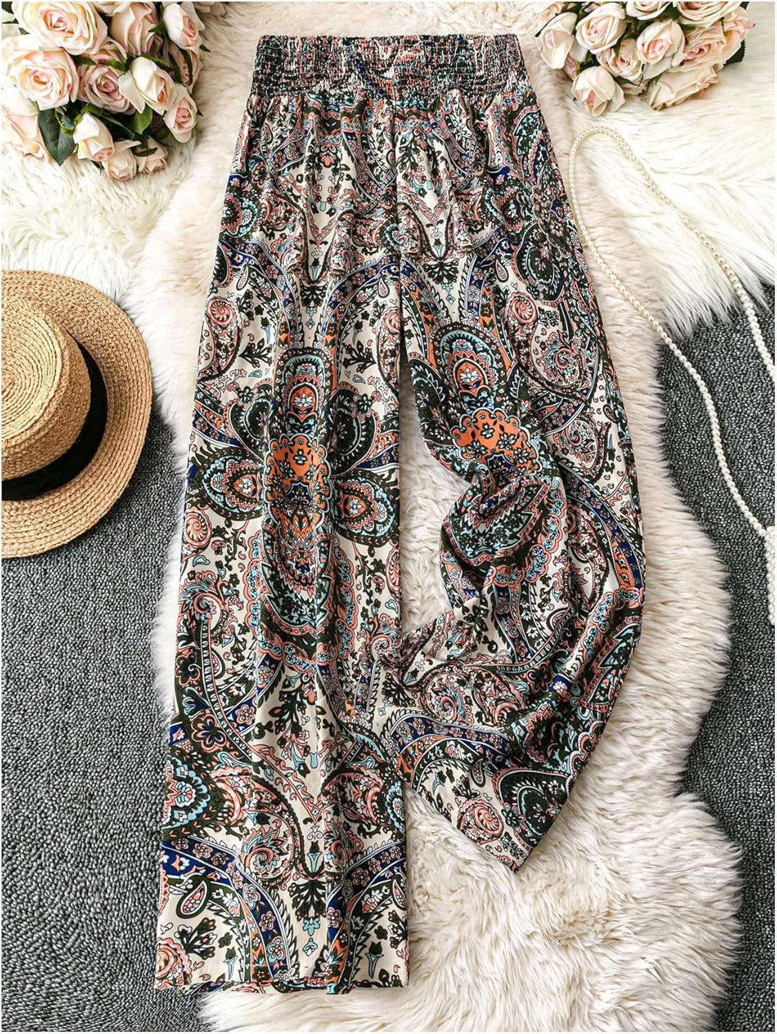 Women's Plus Size Paisley Print Pants Wide Leg Elastic Waist Boho Vacation Trousers