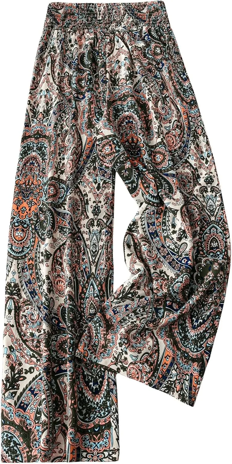 Women's Plus Size Paisley Print Pants Wide Leg Elastic Waist Boho Vacation Trousers