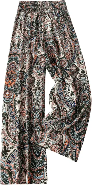 Women's Plus Size Paisley Print Pants Wide Leg Elastic Waist Boho Vacation Trousers