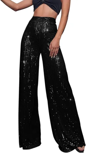 Womens Sequin Flare Pants Women's High Waisted Sequin Loose Drape Wide Leg Pants Fashion Sequence Wide Leg Sequin