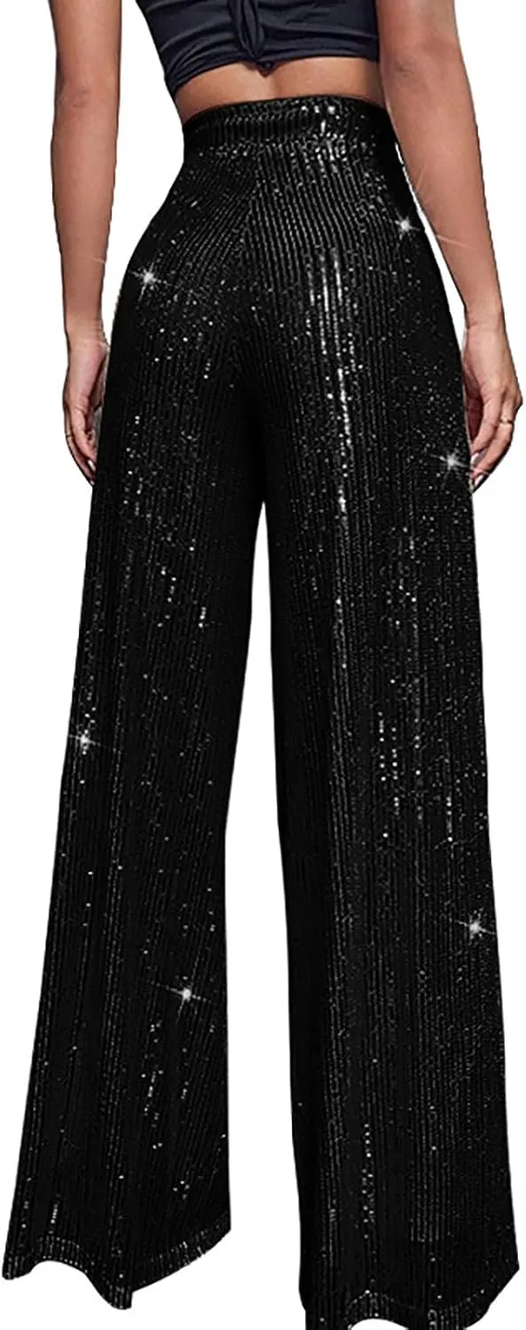 Womens Sequin Flare Pants Women's High Waisted Sequin Loose Drape Wide Leg Pants Fashion Sequence Wide Leg Sequin