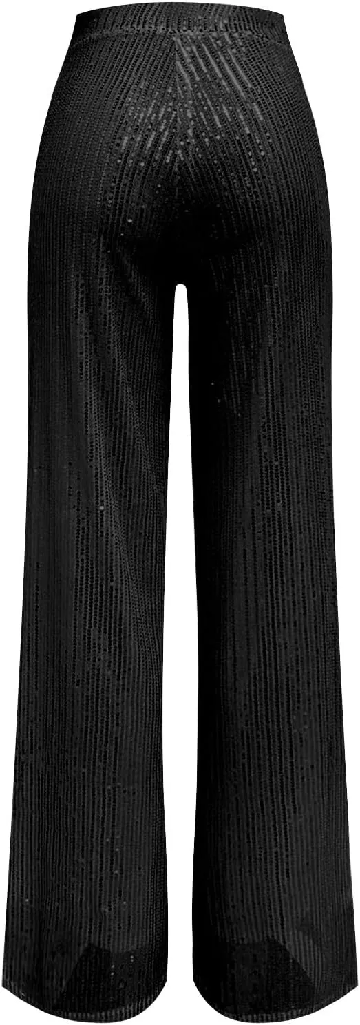 Womens Sequin Flare Pants Women's High Waisted Sequin Loose Drape Wide Leg Pants Fashion Sequence Wide Leg Sequin