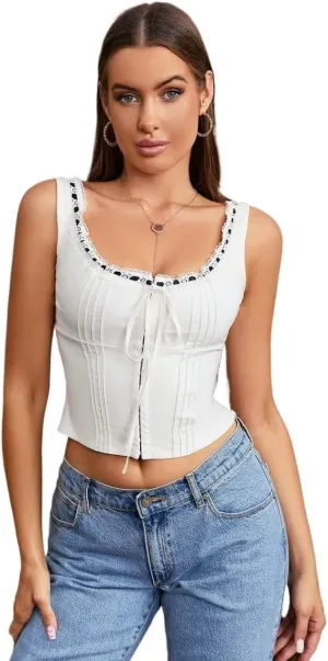 Womens Sleeveless Camisole Tank Tops Blouse Casual Slimming Tie Front Lace Trim Tank Top